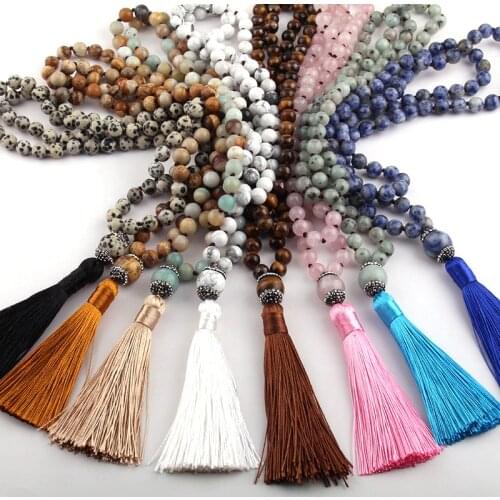 Free Shipping Bohemian Tribal Jewelry Fashion Natural Semi Precious Stones Knotted Handmake Paved Stone Tassel Necklace