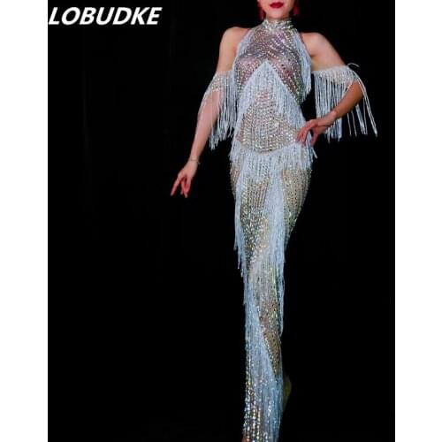 Glisten Rhinestones Tassel Off Shoulder Long Dress Women Prom Party Celebration Luxury Dresses Star Singer Stage One Piece Dress