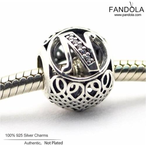 Letter N Beads 925 Sterling Silver Alphabet Vintage Clear CZ Charm Beads for Jewelry Making Fits Original Charm Bracelet