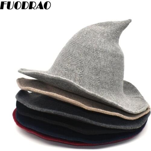 FUODRAO Halloween Party Witch Wizard Hats Women Solid Color Kinitted Wool Bucket Hats Masquerade Cosplay Magic Hat M151