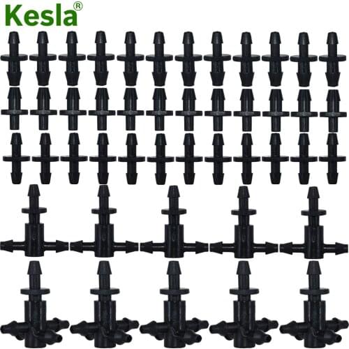 KESLA 50PCS 3/5mm Hose Barbed Quick Connector Coupling Drip Irrigation w/ 2-Way 4-Way Hose Splitter Joint Garden Watering System