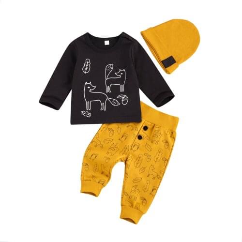 Children Long Sleeves Trouser Suit, Toddler Babies Fox Printed Clothes Set Round Collar Outfits with Hat