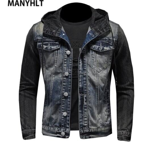 MANYHLT Men Jeans Jackets Bomber Denim Coat Male Autumn Solid Pocket Blouse Navy Blue Casual Clothes Denim Jacket With Hood