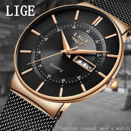 LIGE 9949 Mens Classic Luxury Ultra Thin Date Dial Clock Watch Casual Sports Quartz Steel Band Waterproof Wristwatches Male