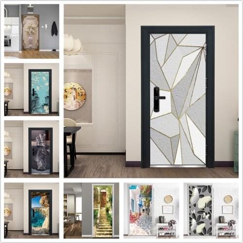 Geometric Lines Door Sticker Adhesive Peel and Stick Wallpaper Wood Door Wardrobe Renovation Mural Decals Home Design deurposter