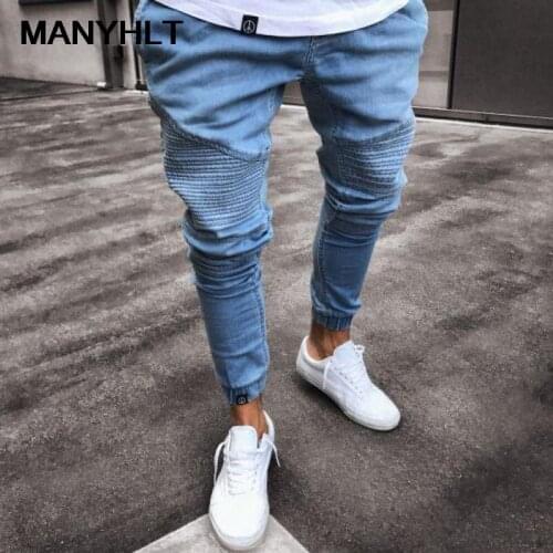 New Mens Clothing European And American Style Trendy Jeans Mens Fashion Casual Pants Light Blue Tight-fitting Trousers
