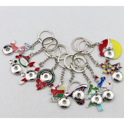 Wholesae 50pcs/lot Mix 10styles Christmas Ginger Snap Button Key Chain Fit 18mm Snap Key Ring With Xmas Pendants