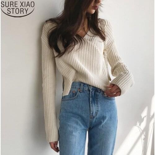 2021 Autumn and Winter Women Sweater Korean Cross-Shoulder V-neck Stripe Knitted Sweaters Thicken Casual Pullover Sweater 10527