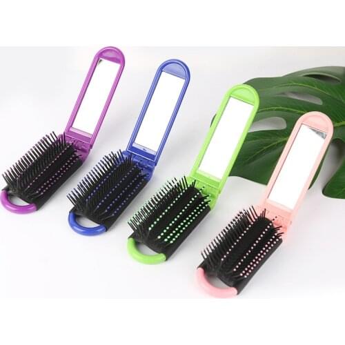 Portable Travel Folding Hair Brush With Mirror Compact Pocket Size Comb
