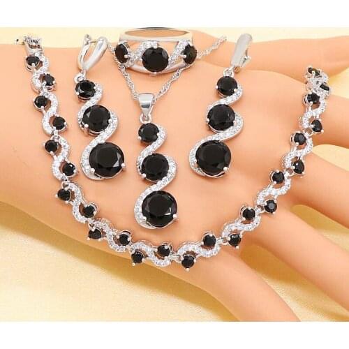 XUTAAYI Silver Wedding Jewelry Sets For Women Flower Shape Black Zircon Bracelet Earrings Necklace Pendant Ring Gift Box