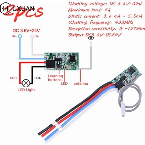 2pcs 433 Mhz 1CH RF Relay Receiver Universal Wireless Remote Control Switch Micro Module LED Light Controller DC 3.6V-24V DIY