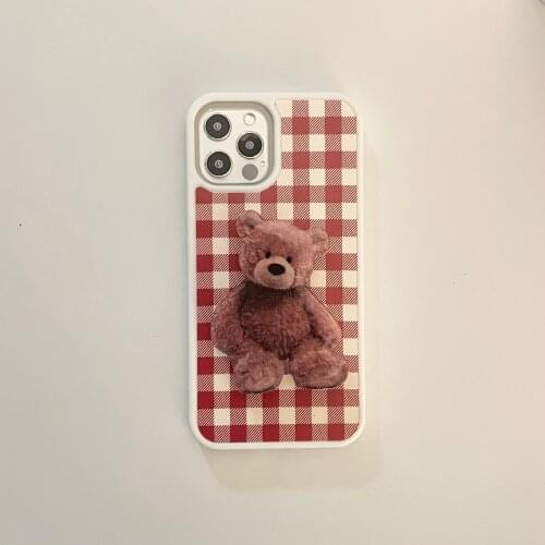 Vintage Plaid Toy Bear Stand Knot Case for iPhone 11 12 Pro Max 8 7 Plus Xr Xs Max X SE 2020 12 Soft Back Cover Coque Capa