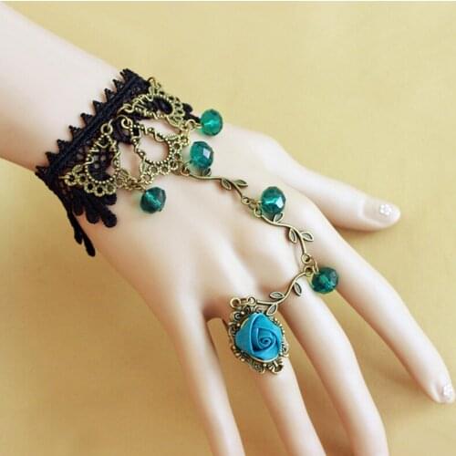 Fashion jewelry ring one opisthenar jewelry bracelet Blue rose flower cane temperament of crystal lolita Halloween Dress Accesso