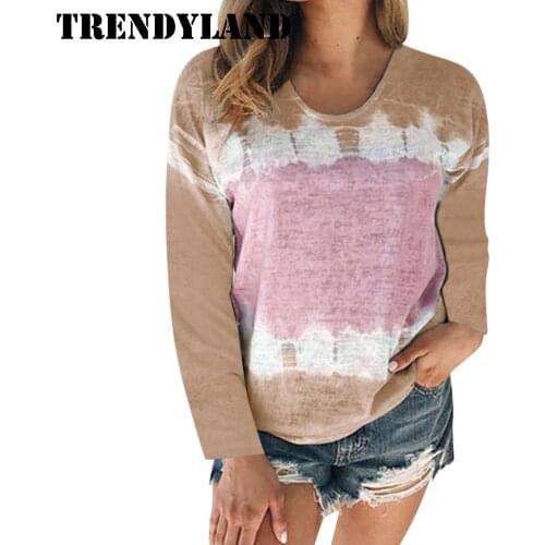 Trendyland Womens Color Matching Tie-Dye Blouse O Neck Cotton Harajuku Shirt Casual Tee Tops Streetwear Dropshipping Ropa Mujer