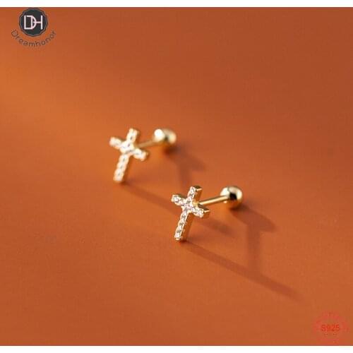 Dreamhonor 925 Sterling Silver Cubic Zircon Cross Shape Screw Ball Stud Earrings For Women Wedding Jewelry