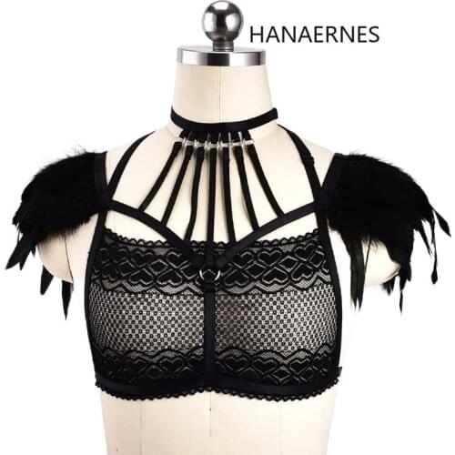 Woman Punk Style Elastic Harness Bra Belts Sexy Lingerie Body Bondage Caged Bralette Gothic Adjustable Bra Sexy Feather Garters