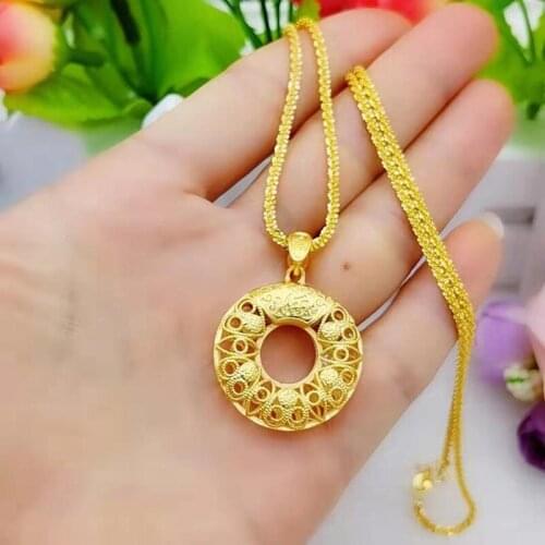 Wholesale Pure Gold Color 2.5cm hollow Circle pendant necklaces for women.24k Yellow gold Plated women necklace jewelry