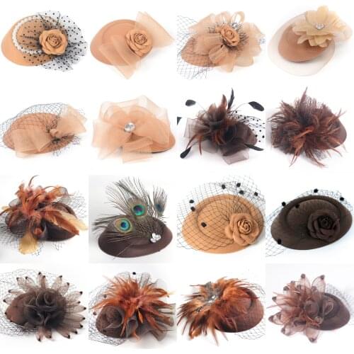 16design Choose Women Brown Handamde Feather Fascinators Pillbox Hat Hair Clip Veil Headwear Hairpieces Wedding Party Accessory