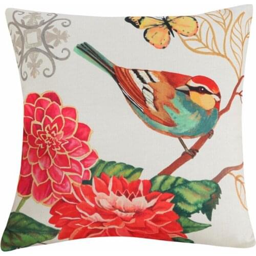 18" Polyester Linen High-quality Square Birds And Flower Sofa Decorative Cushion Covers Living Room Chair Soft Pillow Case