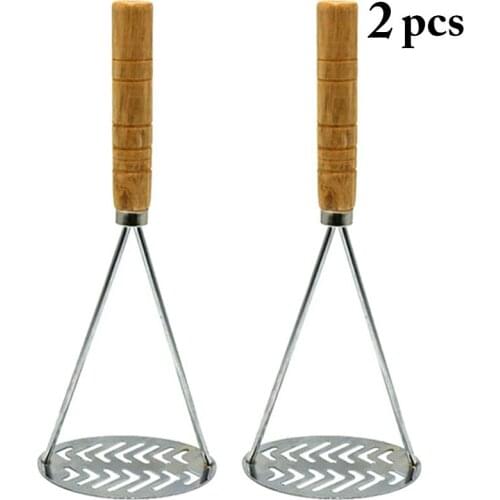 2PCS Stainless Steel Potato Masher Wood Handle Manual Masher Kitchen Food Masher Kitchen Gadgets Accessories