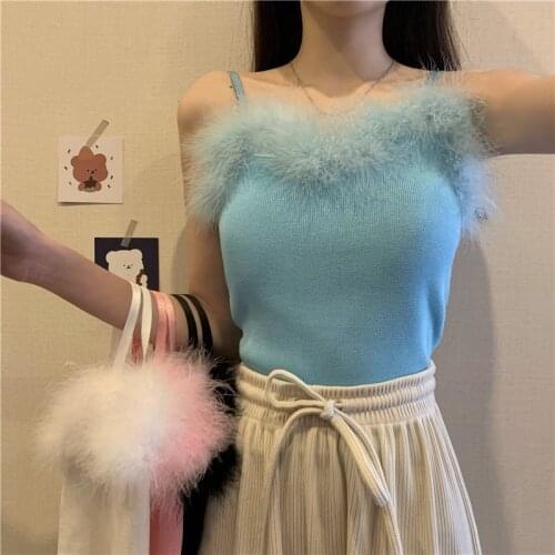 2021 Spring Women Fashion Soft Fur Collar Knitting Tank Tops Girls Knitted Camisole Solid Soft Sweater Camisole
