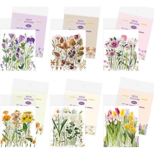 40pcs/pack Transparent Flower Stickers PET Designs Korean Cute Plant Decorative Scrapbooking Stationery Notebook Stickers Packs