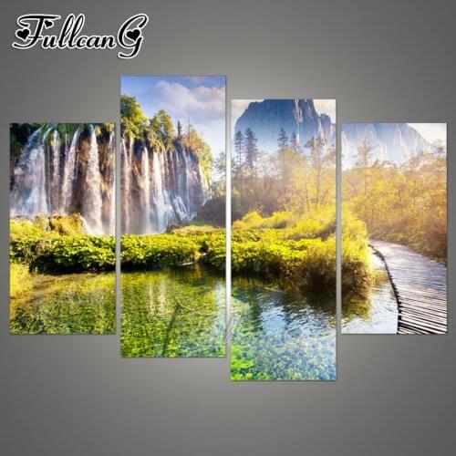 FULLCANG diy diamond painting 4 panel landscape waterfall full square/round drill 5d mosaic embroidery natural scenery FC1024