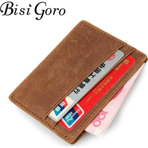 Bisi Goro 2021 Men Genuine Leather Vintage Mini Credit Card Holder Purse Card Case Men Cowhide Leather Famous Small Short Purse