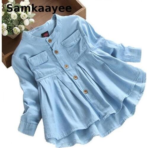 3-11y Girls Shirts Spring Autumn Kids Jean Blouses Children Long-Sleeved Clothes Denim Tops Casual Cowboy Blue Pleated Clothing