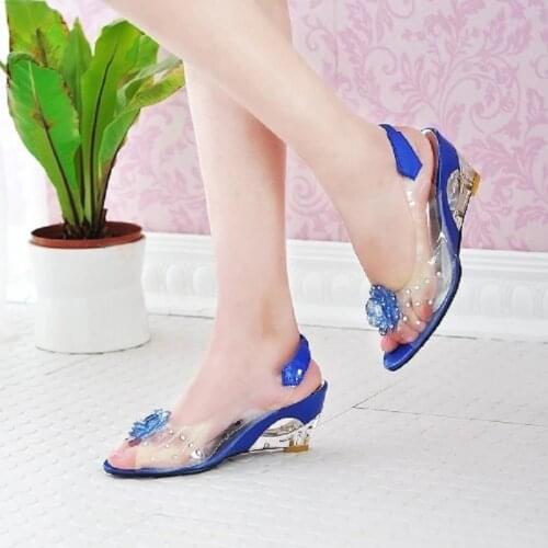 Wedge High Heel Rhinestones Open The Toe Floral Ankle Wrap Women Crystal Sandals Woman Summer Sandals Plus Size 30-43 SXQ0605