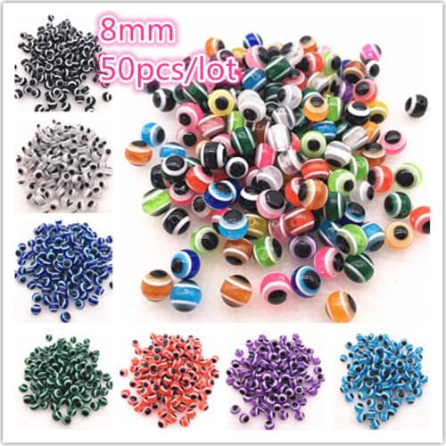 50pcs/lot 8mm Charms Beads Round Evil Eye Resin Beads Stripe Spacer Beads for Jewelry Making DIY Bracelet Beads