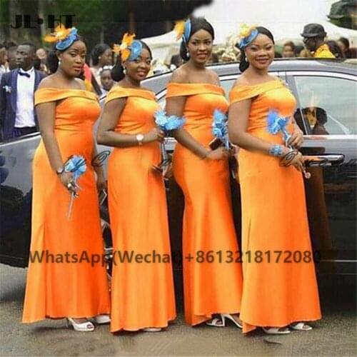 Black Girls Mermaid Wedding Party Dress for womens Floor Length Silk Satin African Off Shoulder Bridesmaid Dresses Long