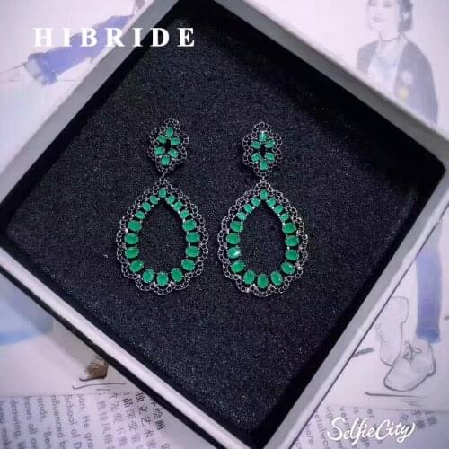 HIBRIDE Bohemian Big Flower Green Cubic Zircon Pendant Earrings For Women Wedding Fashion Long Earrings Brincos Bijoux E-462