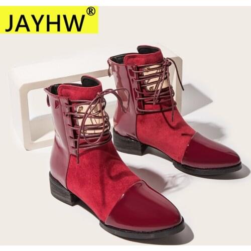 JAYHW New Fashion Pu Leather Women Motorcycle Boots Autumn Leather Lace-up Ankle Boots Woman Snow Boots Plus Size 36-43
