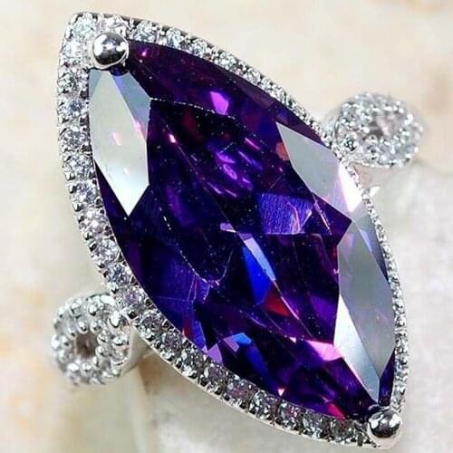Classic Silver Plated CZ Women Horse Eye Purple Color Crystal Ring Luxury Fashion Bride Wedding Engagement Party Jewelry