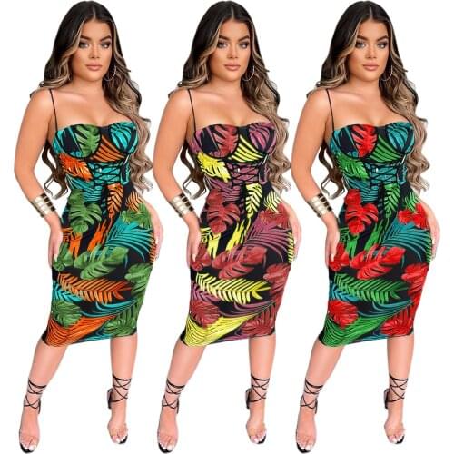 Summer Leaf Print Corset Lace Up Midi Women Dress 2021 Sexy Cross Sling Backless Bodycon Club wear Party Dress Casual Clothing
