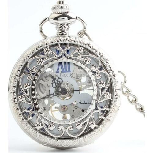 Hot Selling Fathers Day Gift High Quality Hollowed Flower Silver Mechanical Pocket Watch Vintage Roman Dial Pocket Watch