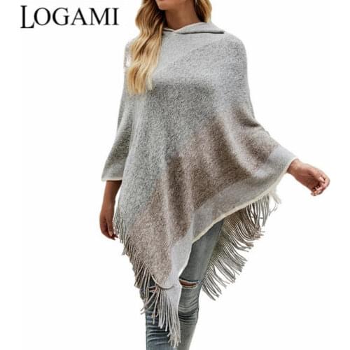 LOGAMI Patchwork Colorblock Striped Hooded Cape Long Knitting Shawl Poncho for Women
