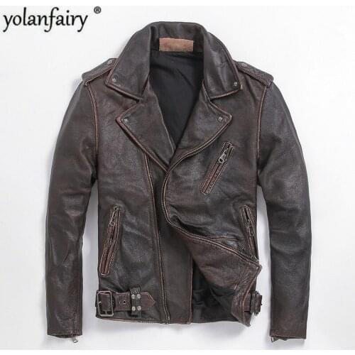 Genuine Leather Jacket Men Clothes 2020 Real Cow Leather Coat Motorcycle Jacket Biker Brown Vintage Cowhide Coats L-Z-6 KJ4112