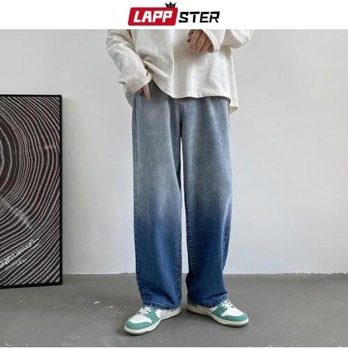 LAPPSTER Men Patchwork Vintage Baggy Jeans Pants 2021 Mens Harajuku Korean Fashion Denim Trousers Man Streetwear Y2k Denim Pants