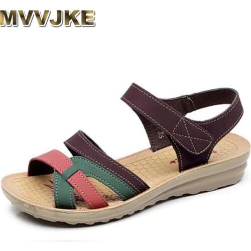 MVVJKE Mother sandals soft leather large size flat sandals summer casual comfortable non - slip in the elderly women 's shoes