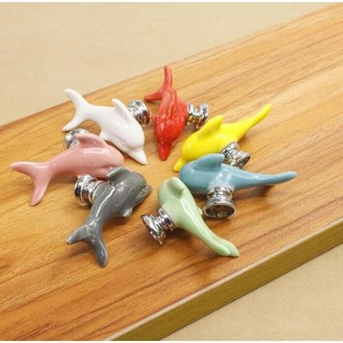 New Childrens Room Bookcase Wardrobe Cute Ceramic Handle Single Hole White Dolphin Ocean World Cartoon Small Knob Handles