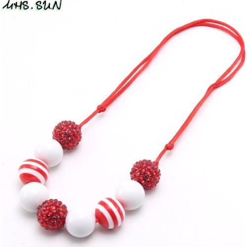 MHS.SUN New red+white chunky bubblegum necklace fashion girls rhinestone beads necklace kids adjustable rope jewelry for party