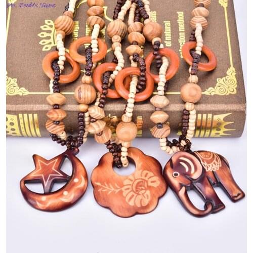 Ocean Winds Style Wooden Hand Carved Big Fish Elephant DIY Beaded Pendant Necklace For Women Birthday Gift