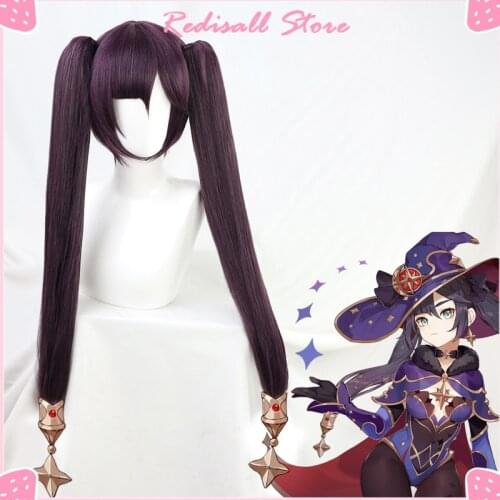 Genshin Impact Mona Cosplay Dark Purple Wig Pigtails Synthetic Long Straight Heat Resistant Halloween Women Free Wig Cap
