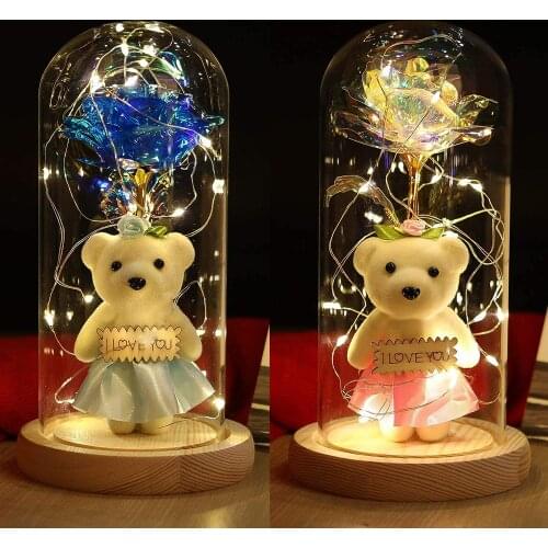 ValentineS Day Gift Enchanted Beauty Rose and Bear with LED Light in Glass Dome on Wood Base Night Light For Wedding Party D30