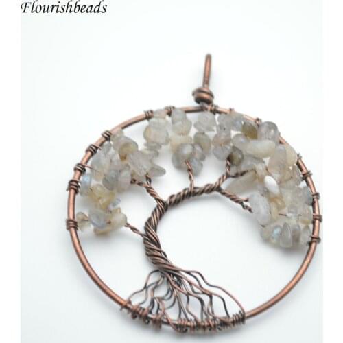 Popular Antique Bronze Wire Wrapped Natural Labradorite Stone Chips Life Tree Metal Pendant