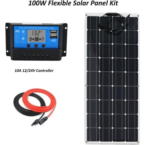 Portable Solar Panel System Kit Flexible 100W plate CELLS Monocrystalline silicon Panels+10A LCD solar controller+ cable
