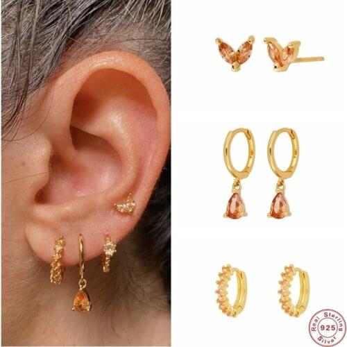 Aide 925 Sterling Silver Elegant Champagne Color Zircon Crystal Pave Hoop Earrings Water Drop Rhinestone Charm Cartilage Hoops