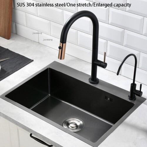 Home Improvement Restaurant Kitchen Sink Nano Dishwashing Single Tank Stainless Steel Under Counter Basin with Pull-out Faucet